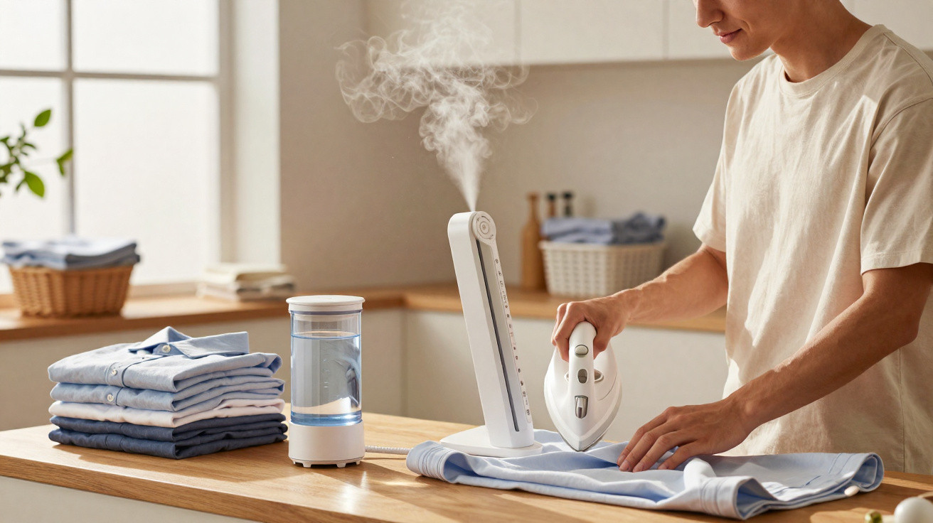 Person using a handheld garment steamer to remove wrinkles from a shirt on a kitchen counter with folded clothes nearby.