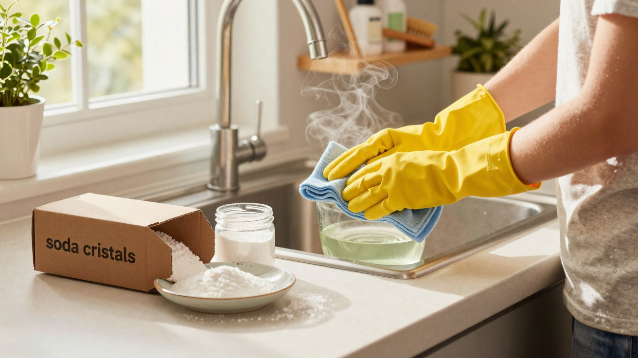 Person wearing yellow gloves cleaning a steaming glass over a kitchen sink with soda crystals nearby.