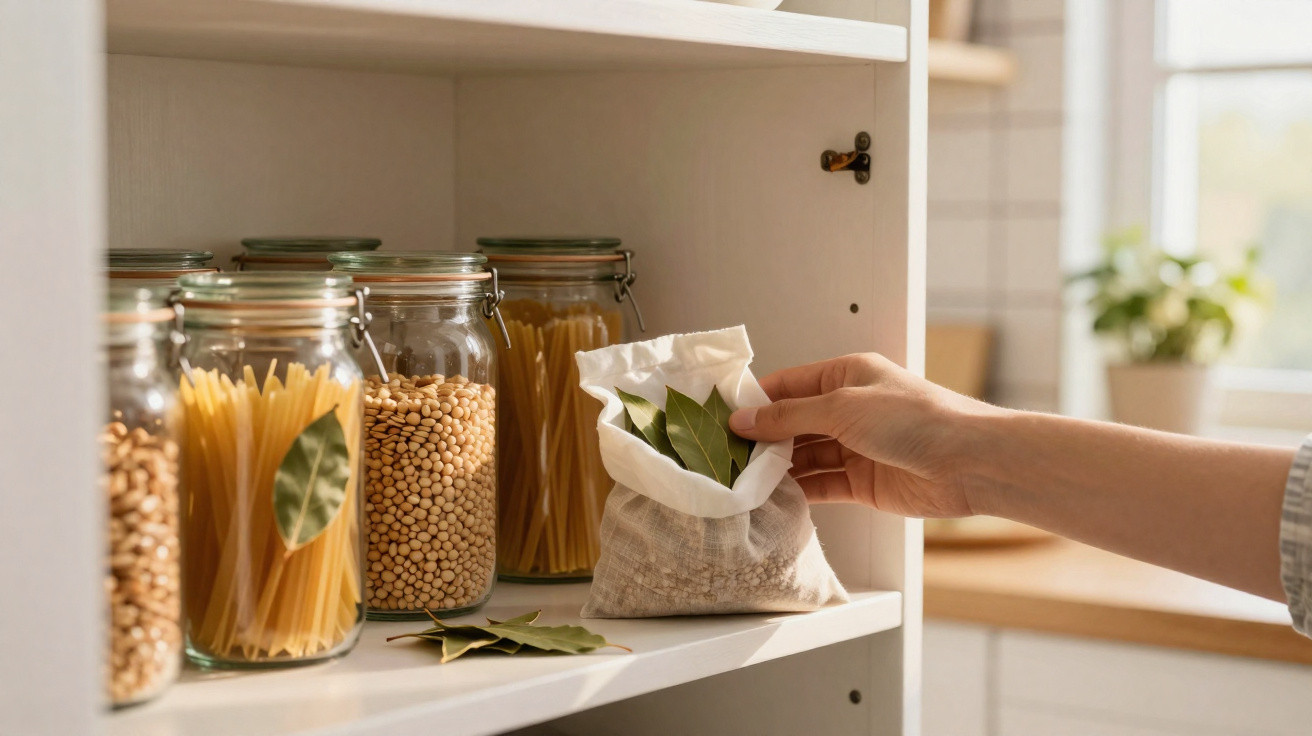Hand placing bay leaves into a cloth bag on a kitchen shelf with jars of pasta and beans.