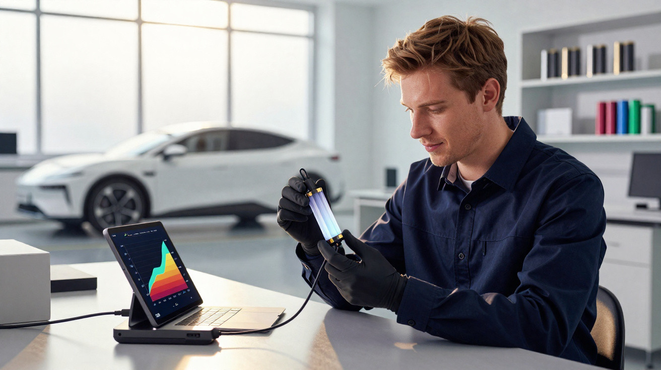 Man wearing black gloves examining a cylindrical device connected to a tablet showing a coloured graph in a lab.