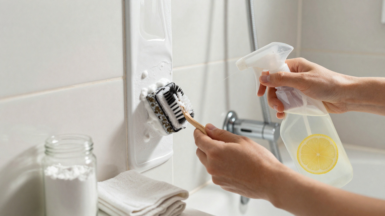 Hands cleaning bathroom tiles with a brush and natural lemon spray cleaner next to a jar and folded cloth.