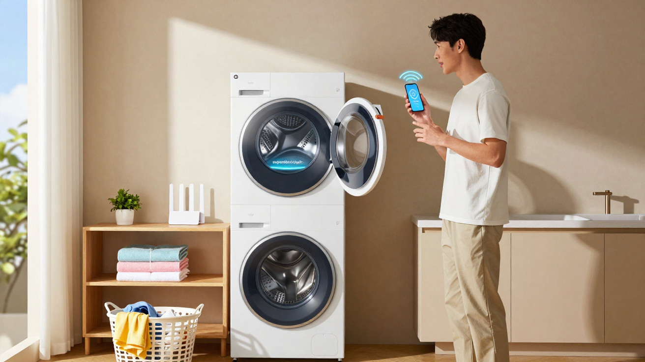 Man using smartphone to operate smart washing machine with open door in modern laundry room.