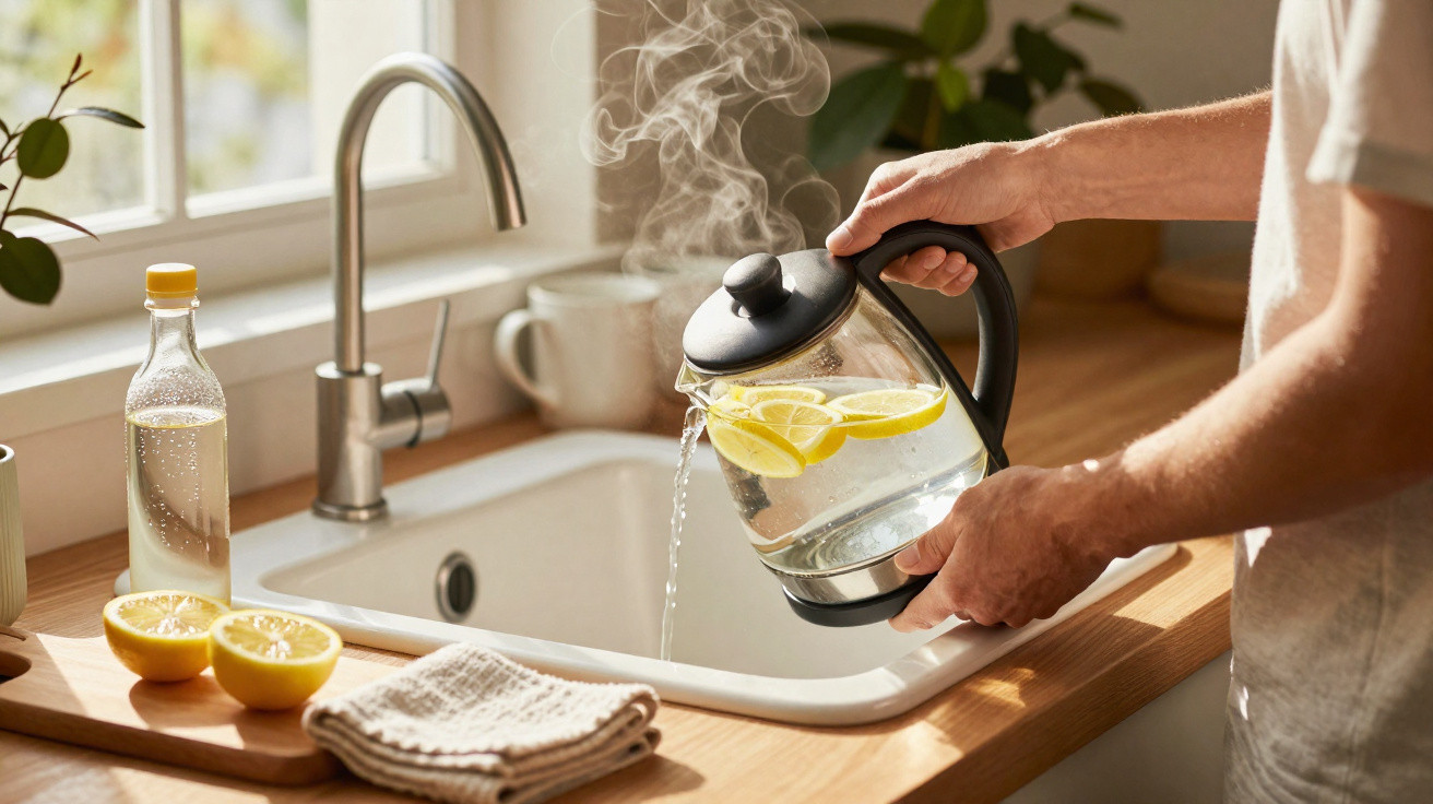 Person pouring hot water with lemon slices from kettle into kitchen sink next to lemons and bottle on wooden countertop.