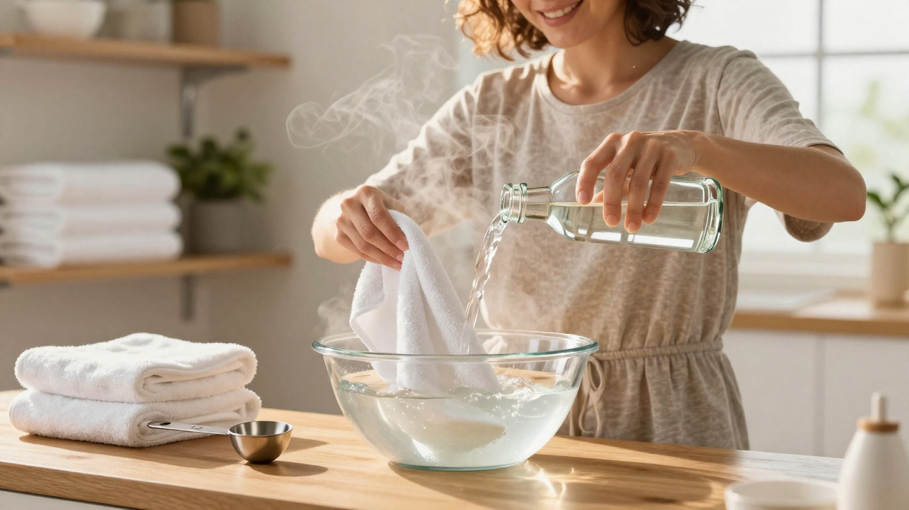Woman pouring hot water from a glass bottle into a bowl while holding a white towel in a bright kitchen.