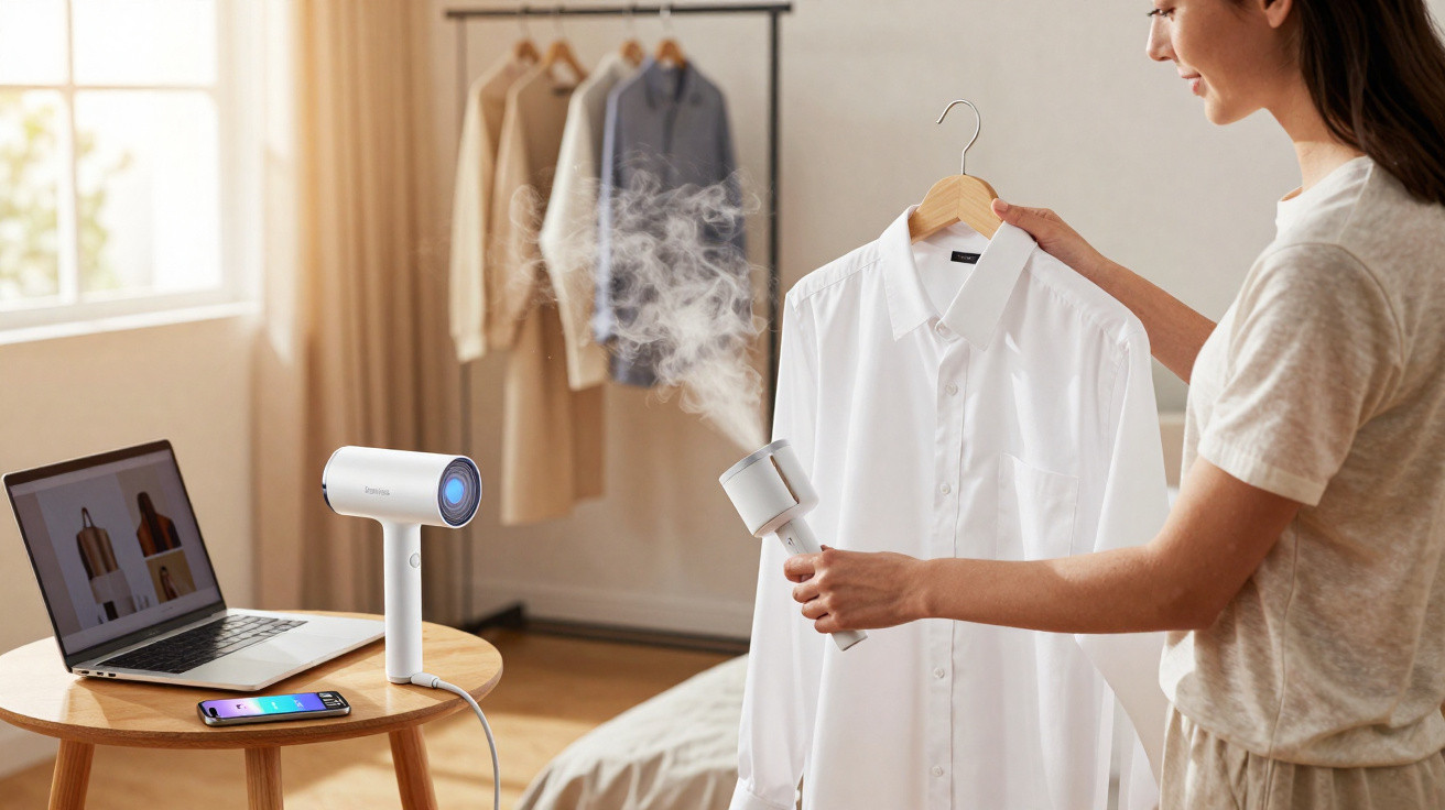 Woman steaming a white shirt using a handheld garment steamer in a bright room with laptop and smartphone nearby.