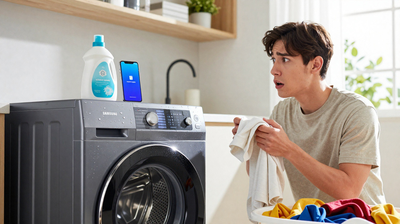 Young man smelling laundry near a Samsung washing machine with detergent and phone on top in a bright kitchen.