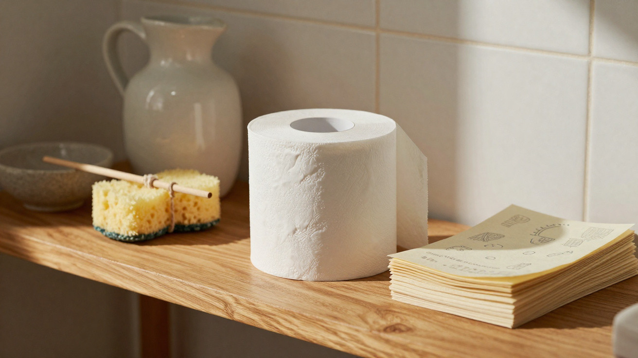 Roll of toilet paper, stack of paper napkins, two yellow sponges, and a ceramic jug on a wooden shelf.