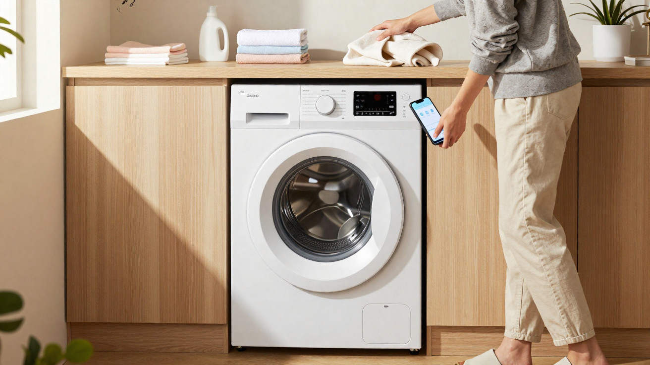 Person using smartphone to operate a white front-loading washing machine in a bright wooden laundry room