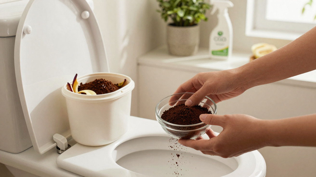 Hands holding a bowl of coffee grounds over a toilet with a white container filled with coffee grounds inside the toilet bowl