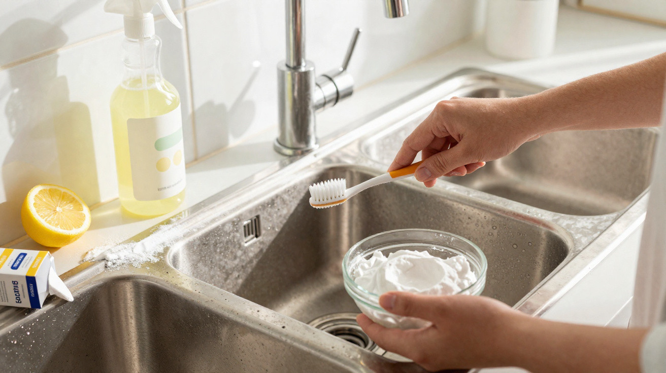 Person holding a toothbrush and a bowl of baking soda over a kitchen sink with lemon and cleaning spray nearby.