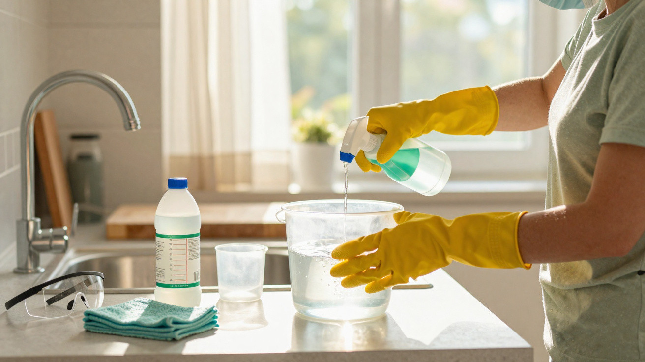 Person wearing yellow gloves pouring liquid from a spray bottle into a clear jug in a kitchen.