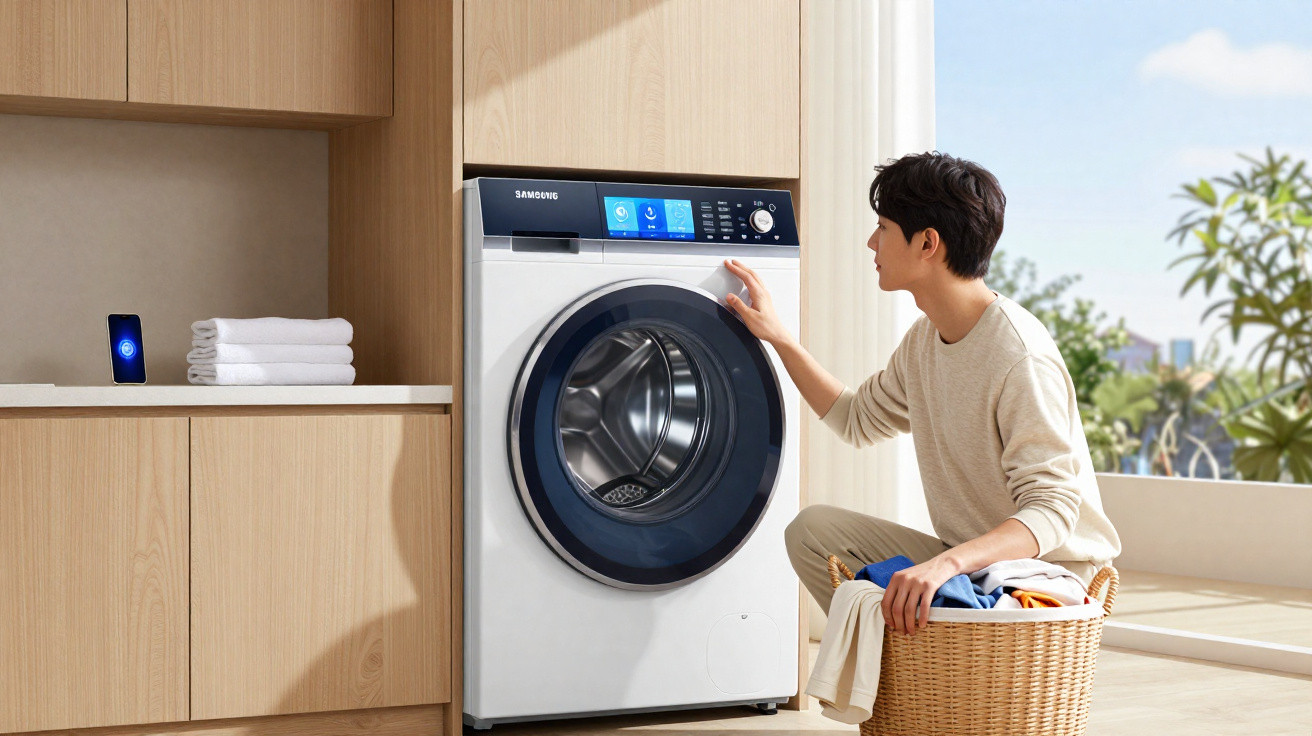 Person kneeling with laundry basket, using a modern Samsung front-loading washing machine in a bright room.