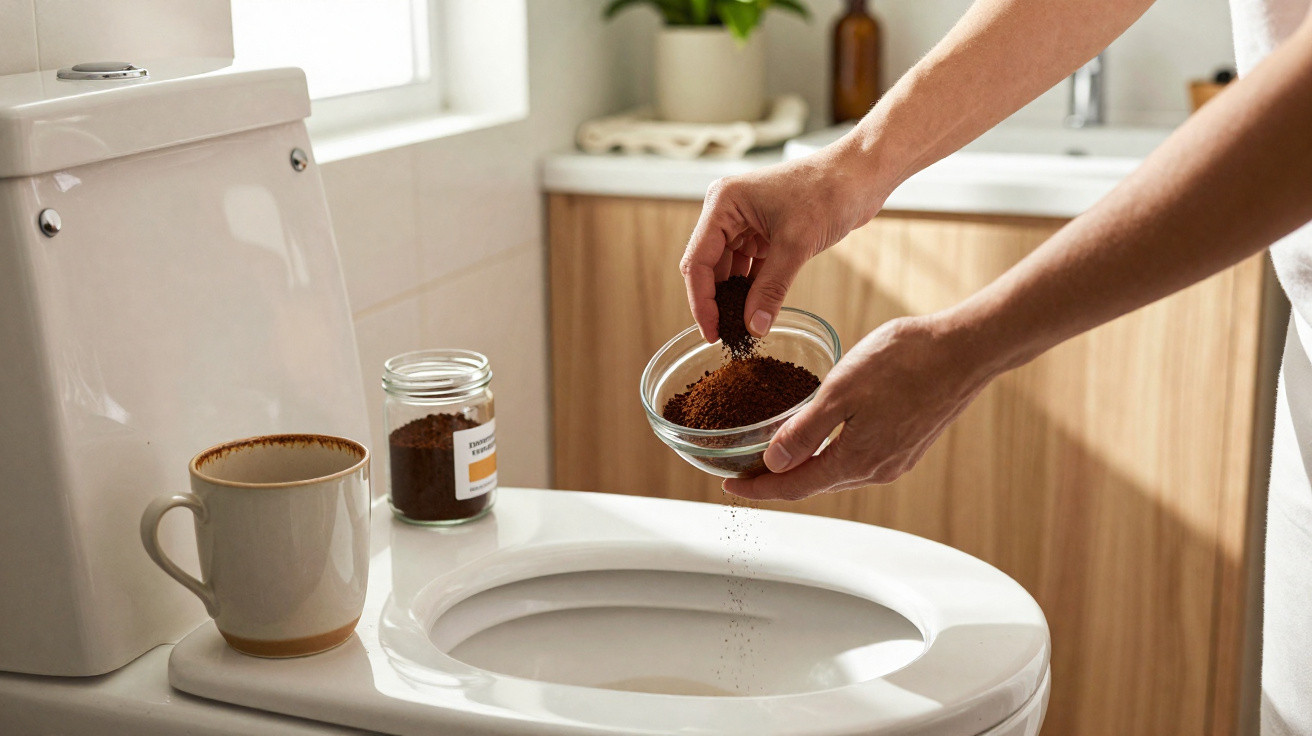 Person sprinkling coffee grounds into a toilet bowl with a cup and jar on the side.
