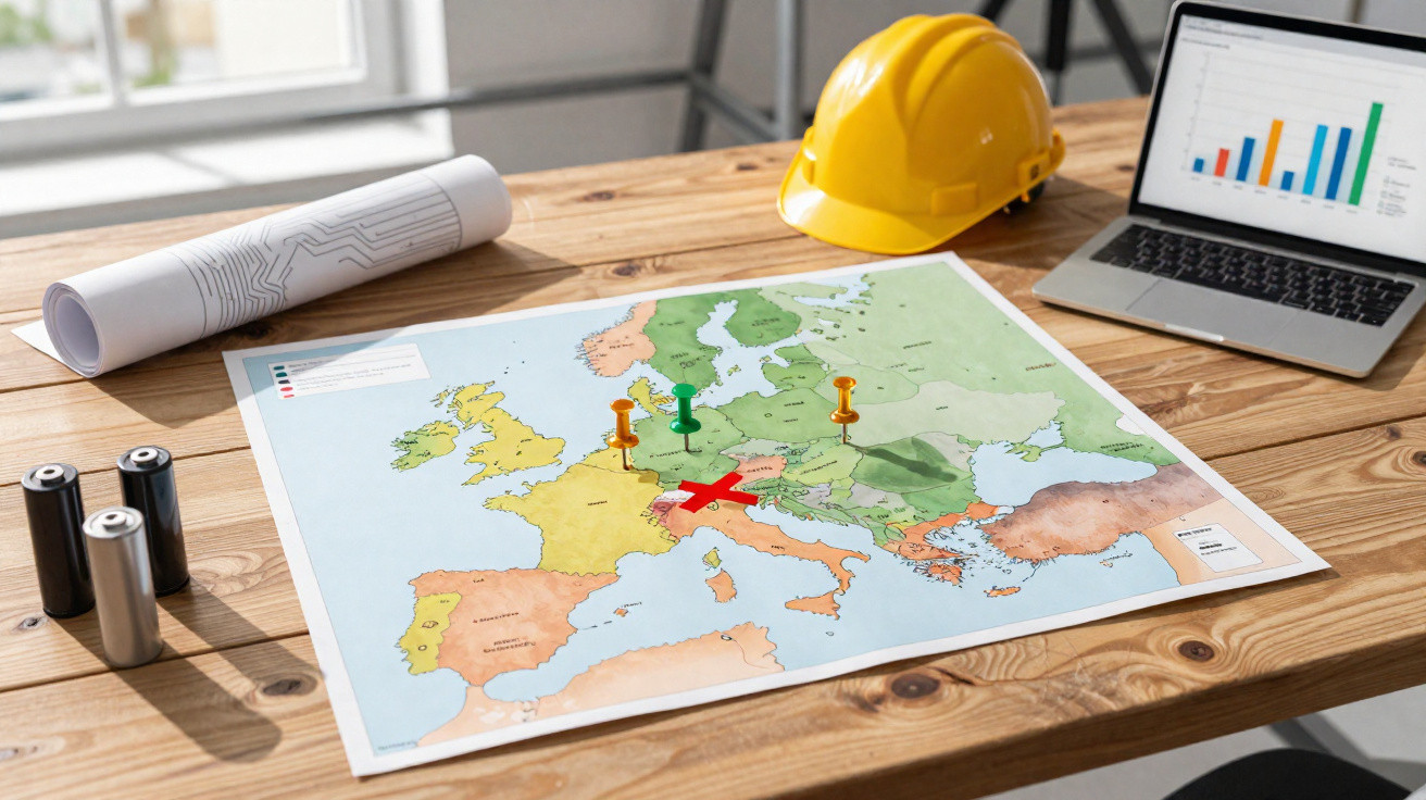 Map of Europe on a wooden table with a yellow hard hat, laptop, blueprints, pins, and batteries.