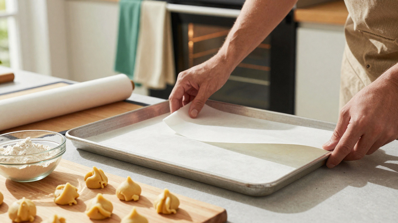 Hands placing parchment paper on a baking tray with dough balls and flour bowl nearby in a kitchen.
