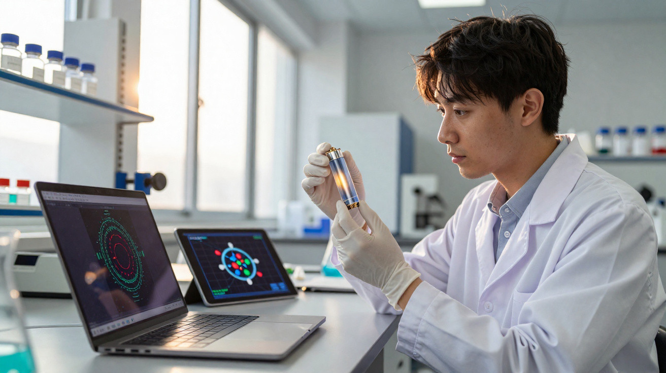 Scientist in lab coat and gloves examining liquid in vial with molecular models displayed on laptop and tablet screens.