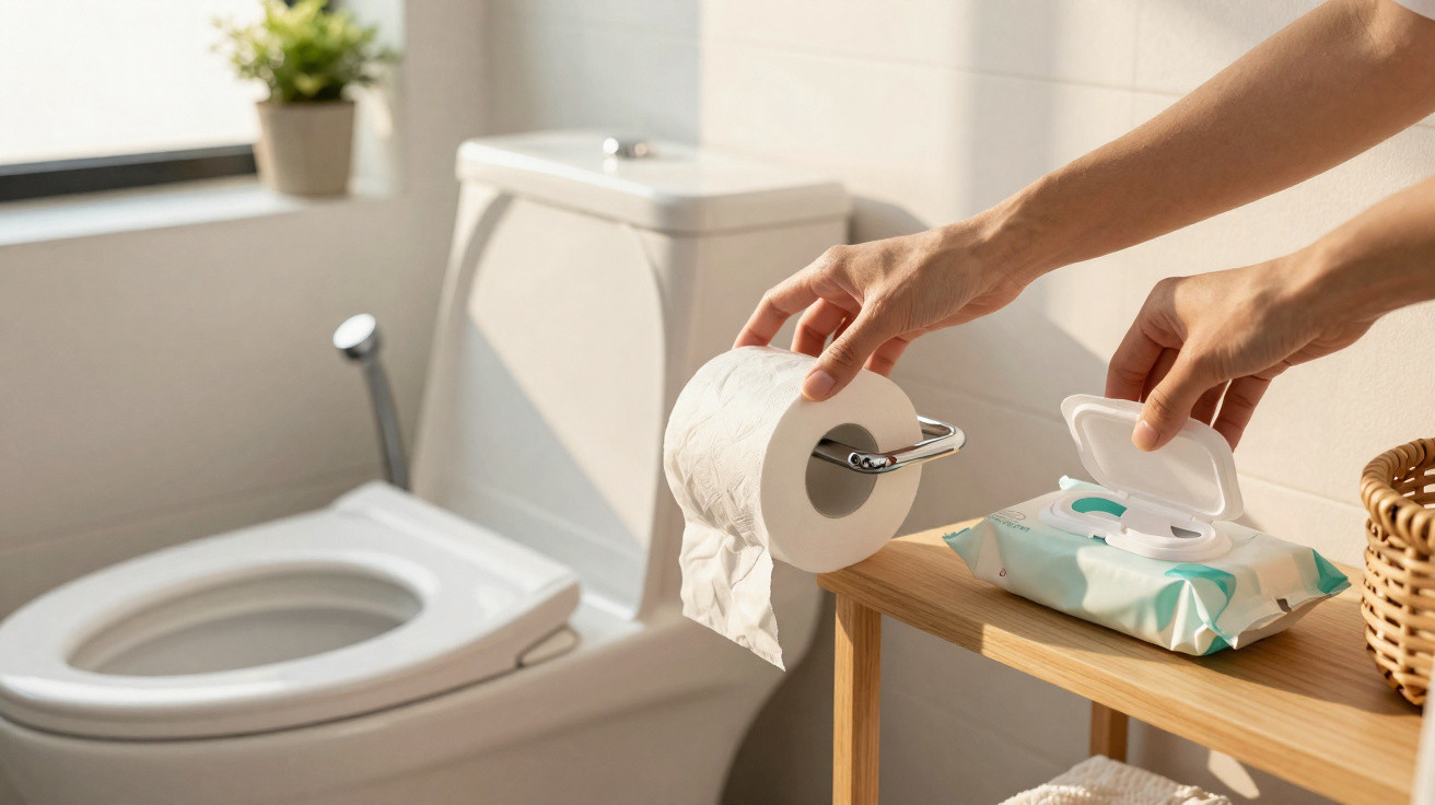 Hands placing a toilet roll on a holder next to a packet of wet wipes on a wooden shelf beside a white toilet.