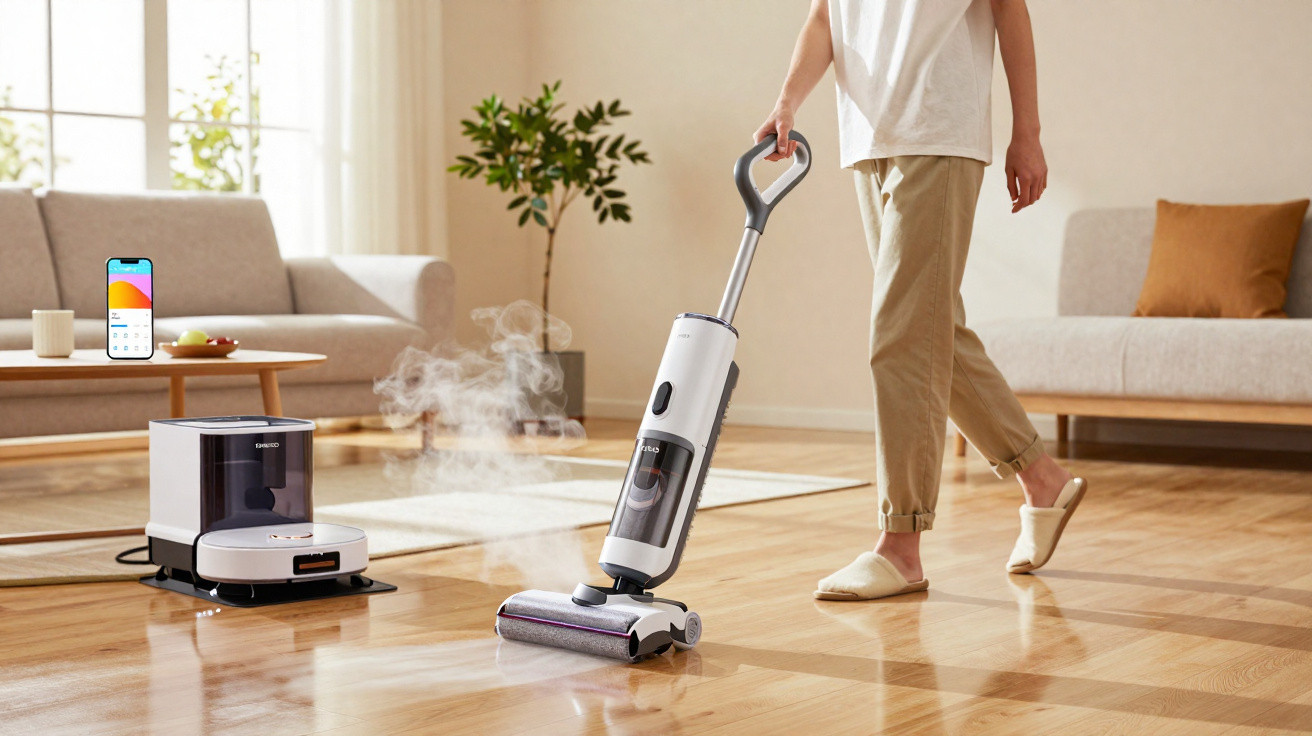 Person using a cordless steam mop on a wooden floor in a bright living room with a robot vacuum docked nearby.