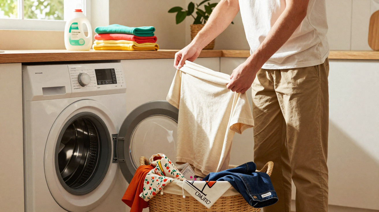 Person holding a beige t-shirt near a washing machine and laundry basket filled with clothes in a bright room.