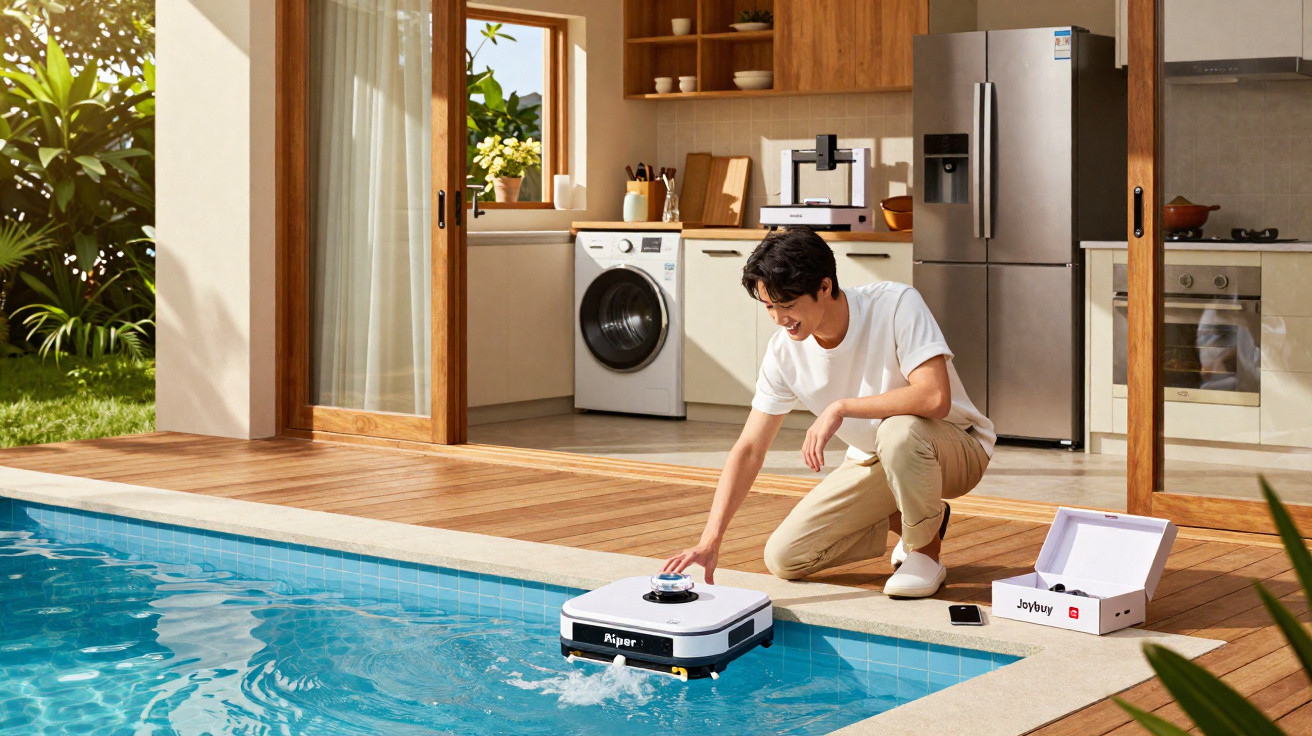 Man operating a white robotic pool cleaner by a modern open-plan kitchen and patio.