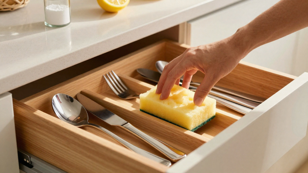 Hand placing a yellow kitchen sponge in a wooden cutlery drawer with spoons, forks, and knives.