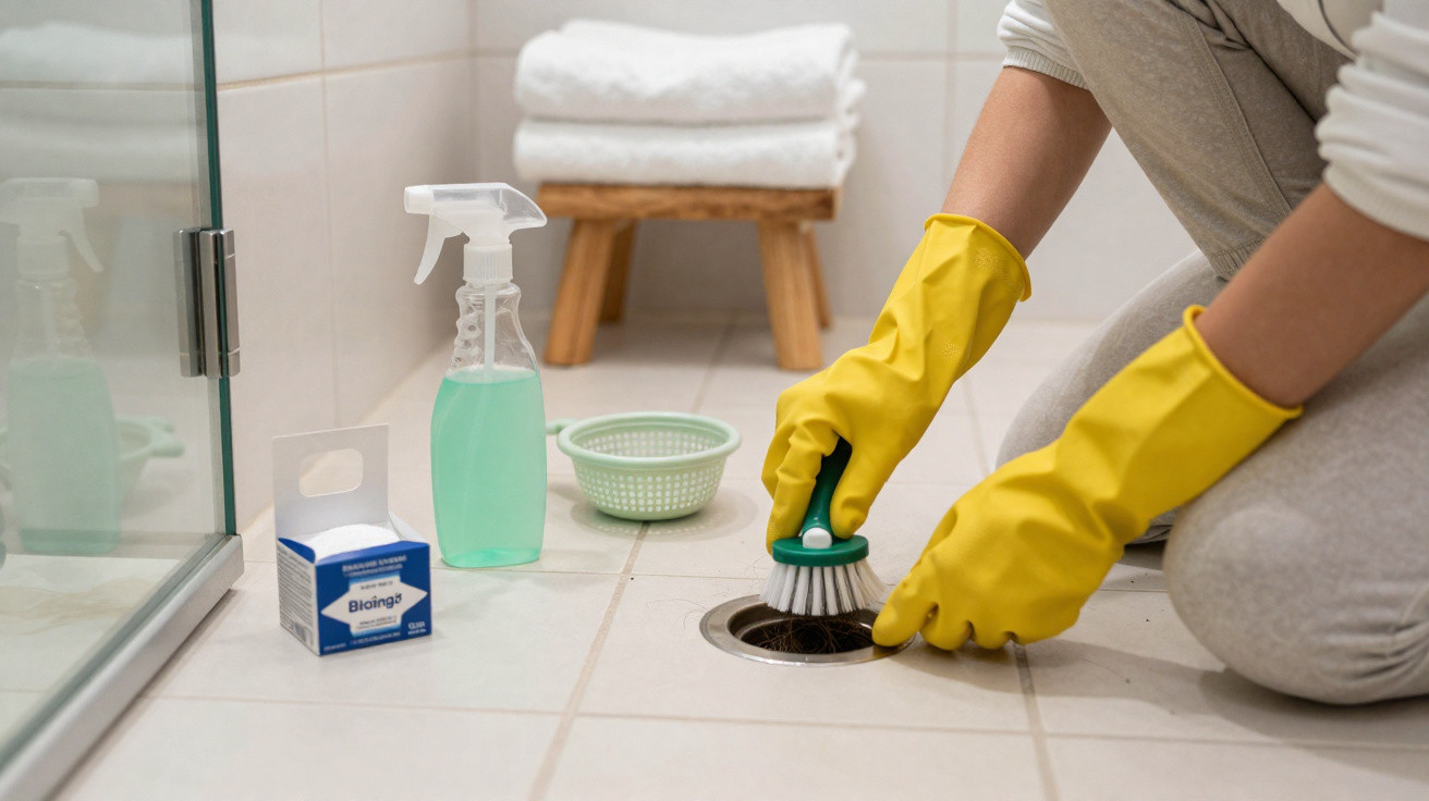 Person wearing yellow gloves cleaning a bathroom drain with a scrub brush on tiled floor.