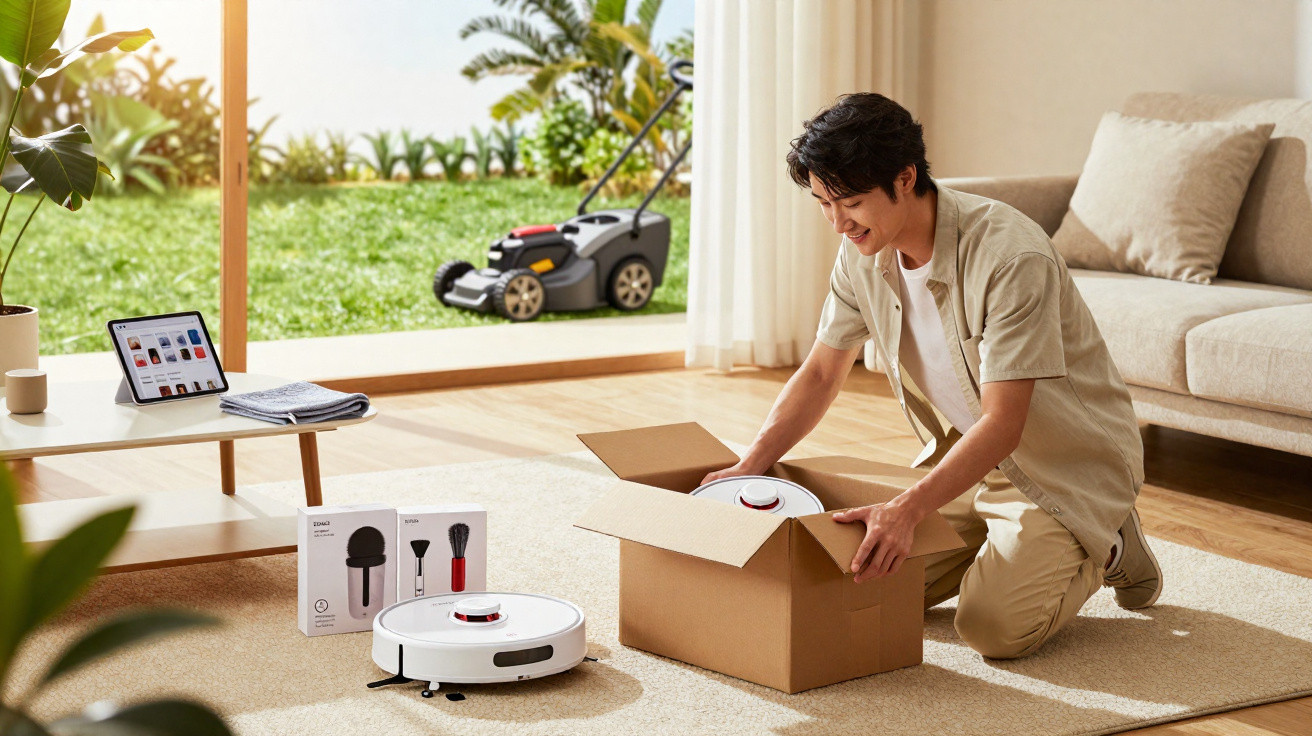 Man unpacking a robot vacuum in a bright living room with a lawnmower visible outside the window.