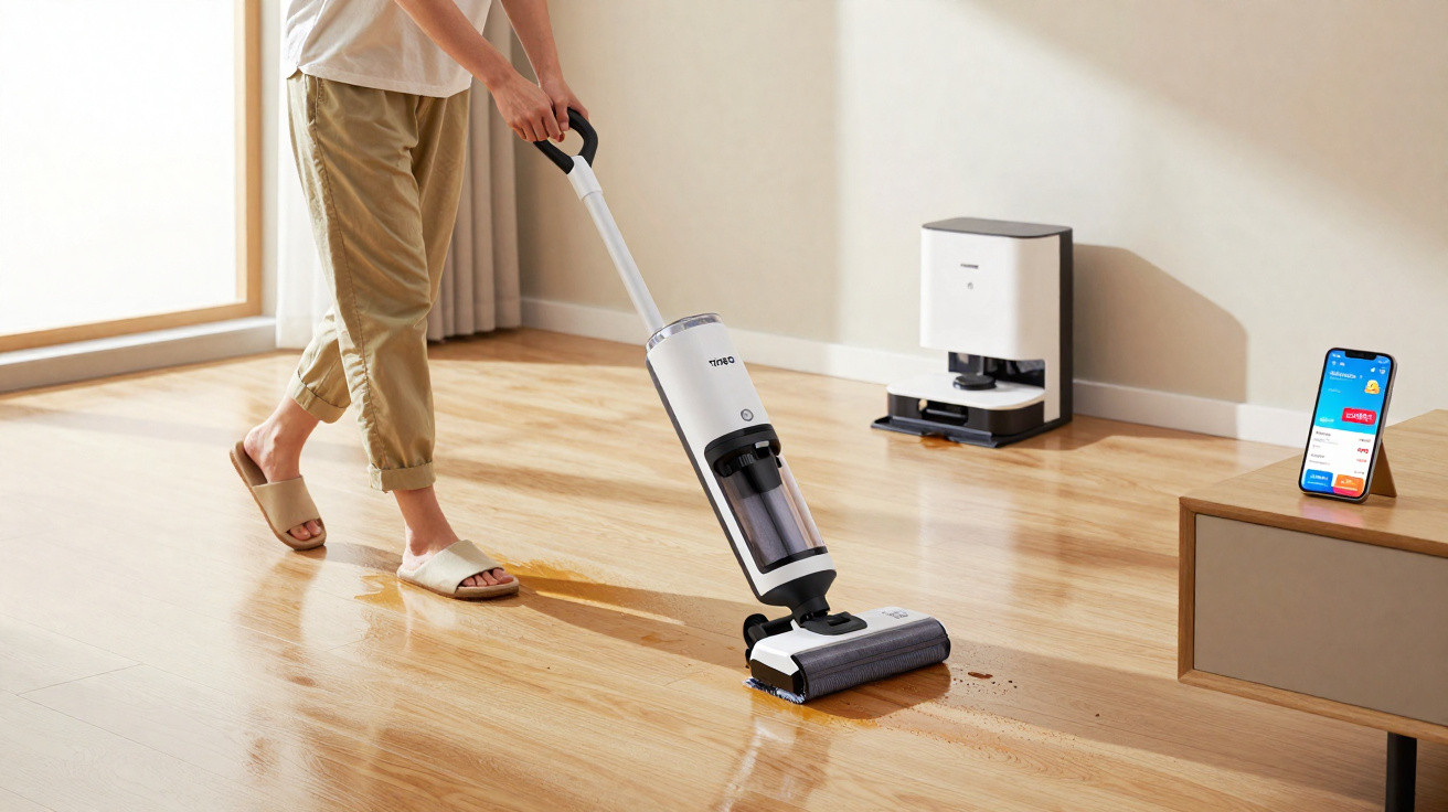 Person using a cordless electric vacuum cleaner to clean dirt on a wooden floor in a bright room.