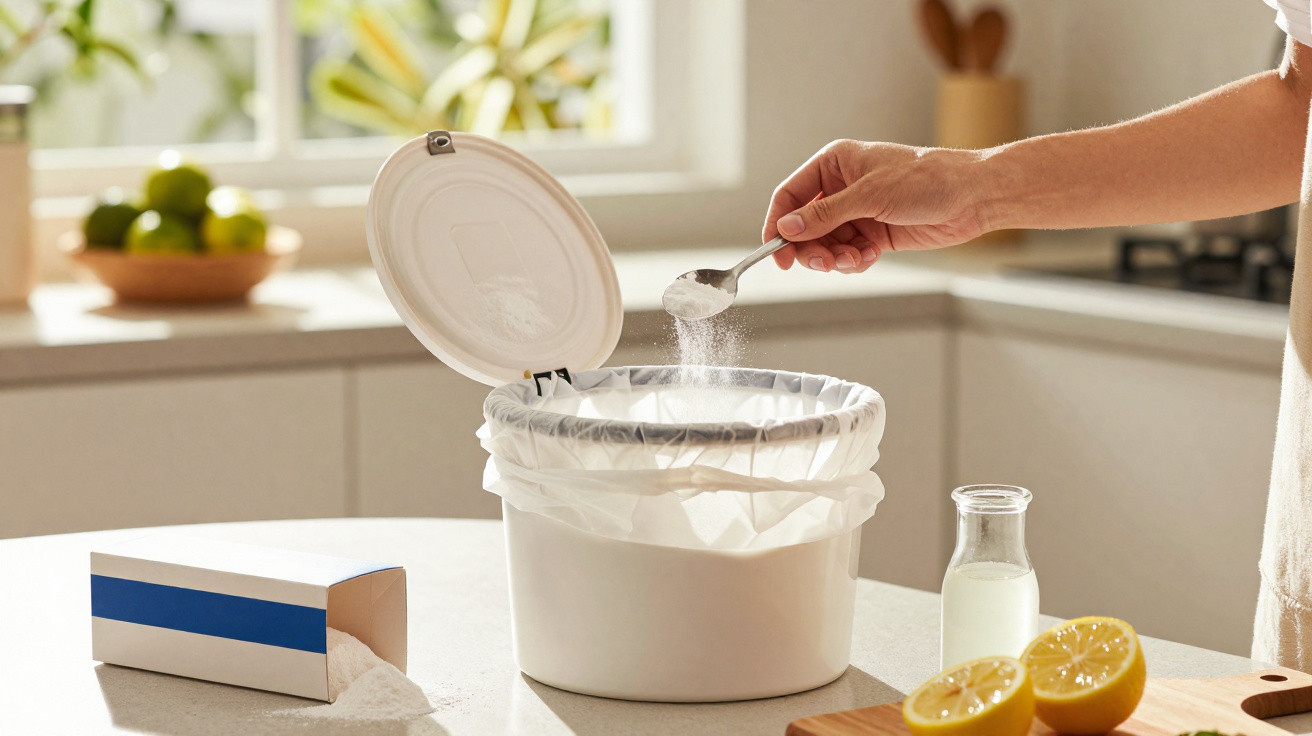 Hand holding a spoon pouring powder into a white bin in a bright kitchen with lemons and milk nearby.