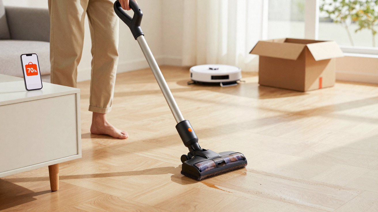 Person using a cordless vacuum cleaner on a wooden floor with phone showing 70% battery and a cardboard box nearby.
