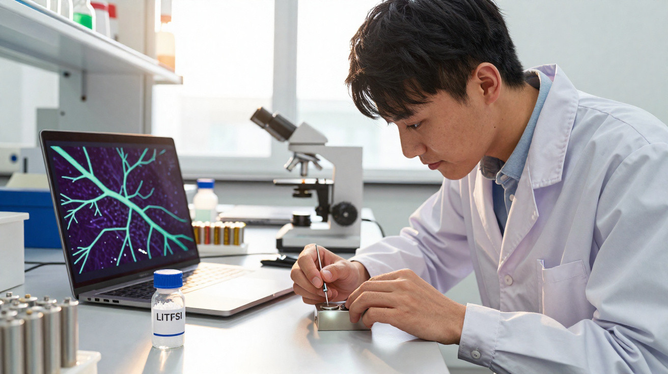 Scientist in lab coat examining a sample with tools at a workstation with laptop and microscope nearby.