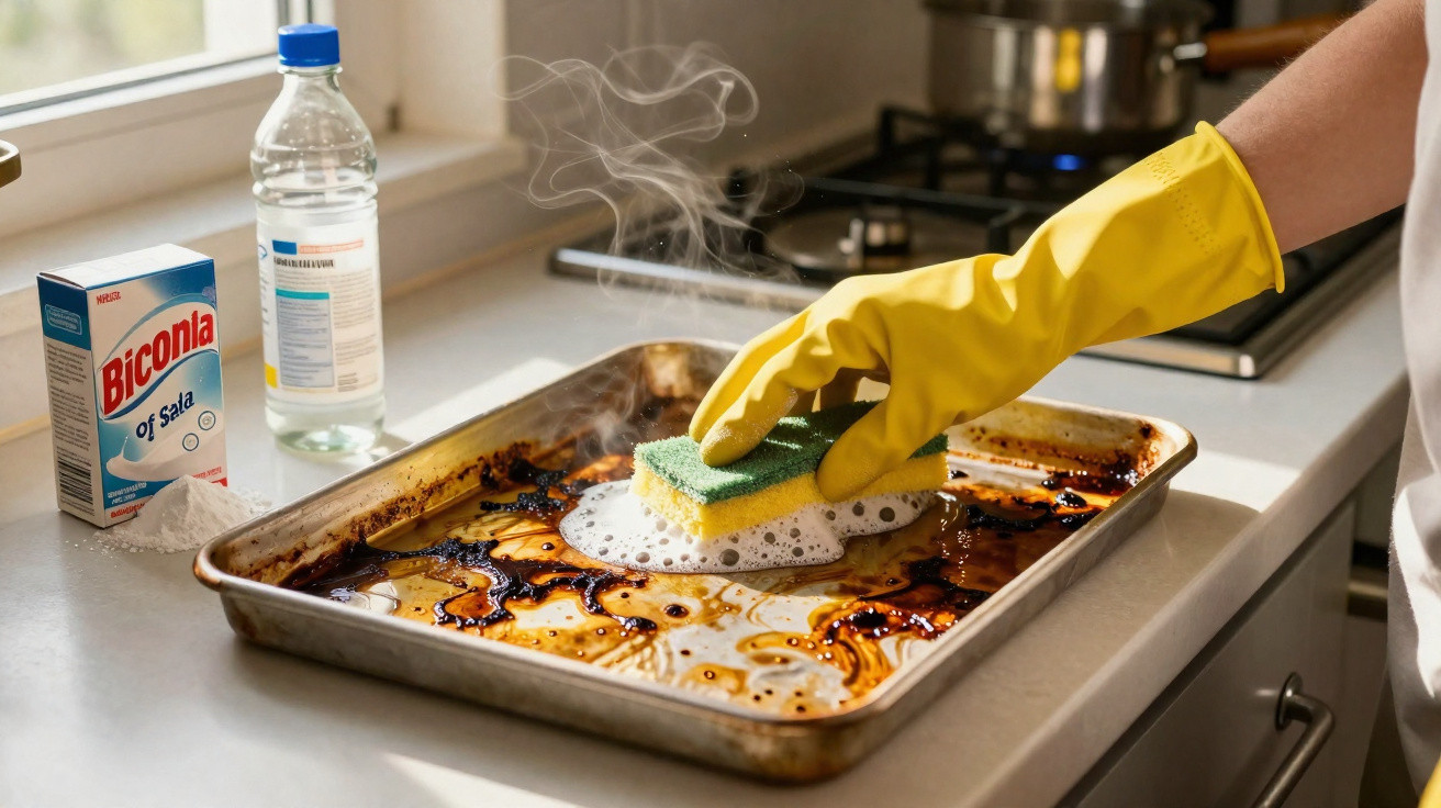 Hand in yellow glove scrubbing a greasy, burnt roasting tray with a sponge in a kitchen.
