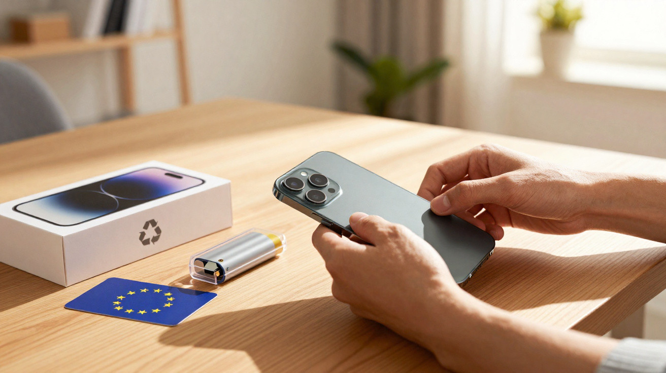 Person holding a smartphone next to its box, a EU card, and a compact portable device on a wooden table.