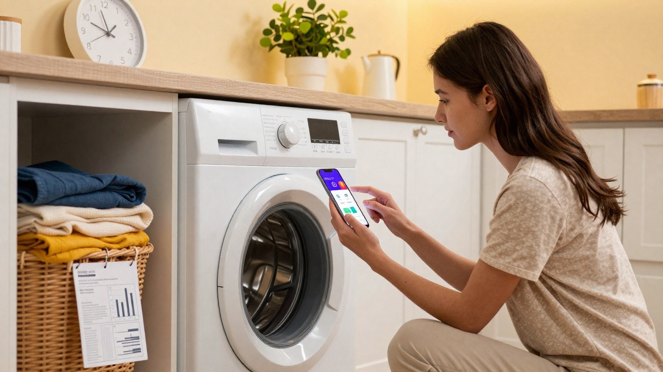 Woman kneeling next to a front-loading washing machine, controlling it using a smartphone app in a modern laundry room.