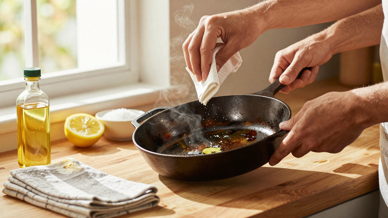 Person seasoning a hot cast iron pan on a wooden kitchen counter near a window with natural light.