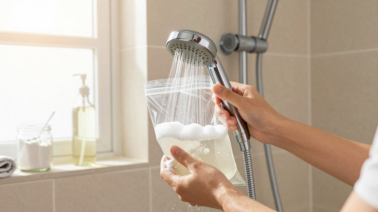 Hands holding a showerhead rinsing a clear resealable plastic bag with soapy water in a bathroom.