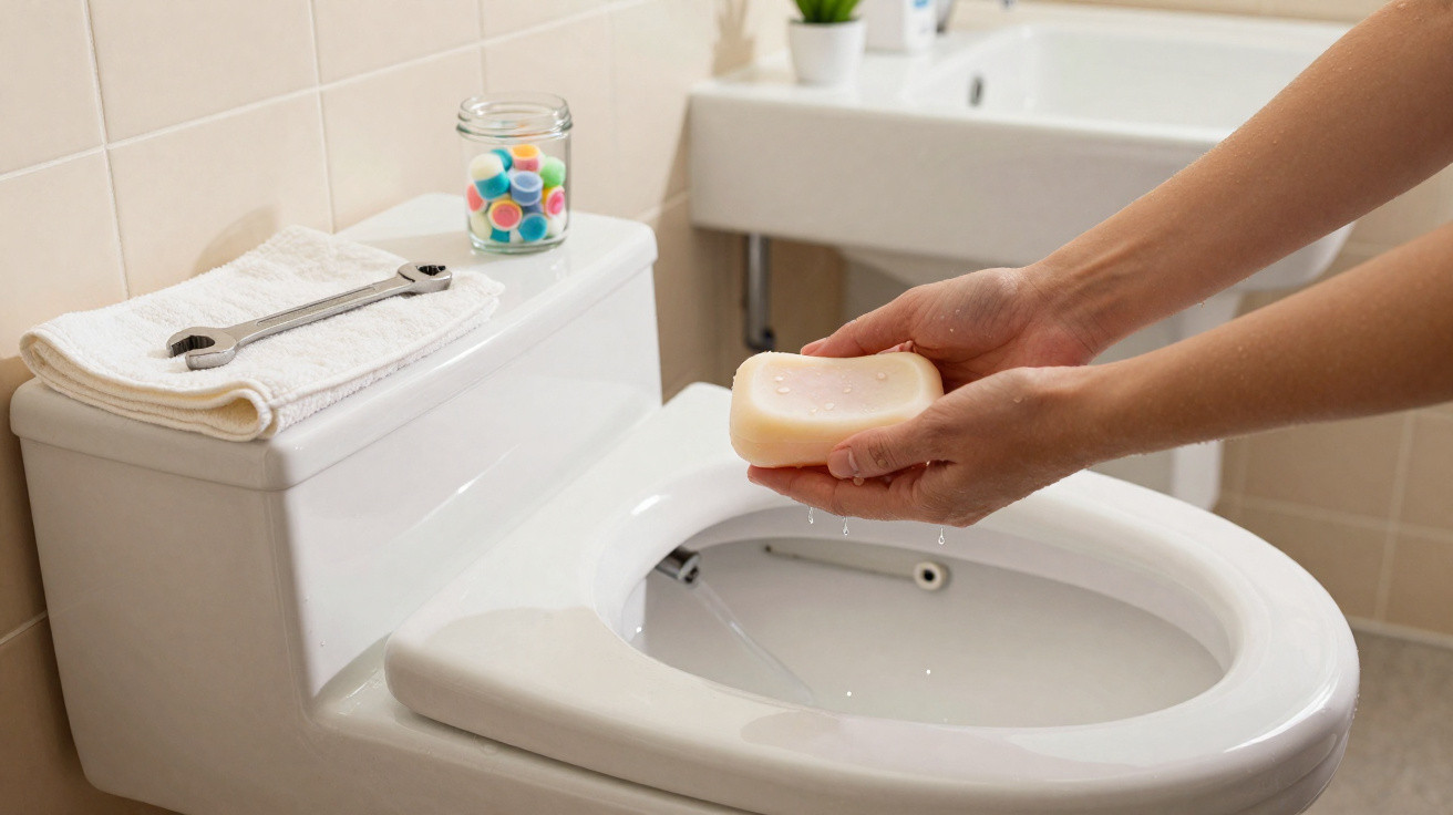 Hands holding a wet bar of soap over a white toilet bowl in a bathroom setting.