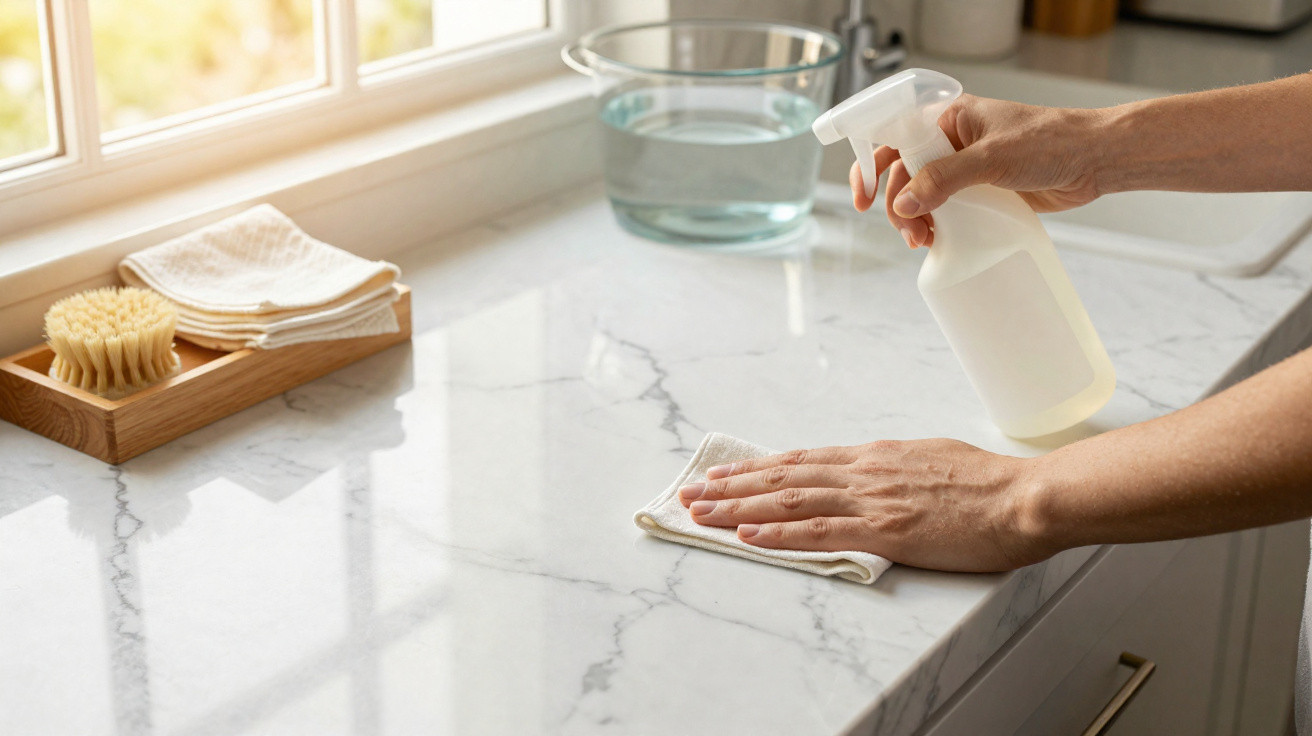 Person cleaning a white marble countertop with a spray bottle and cloth in a bright kitchen.