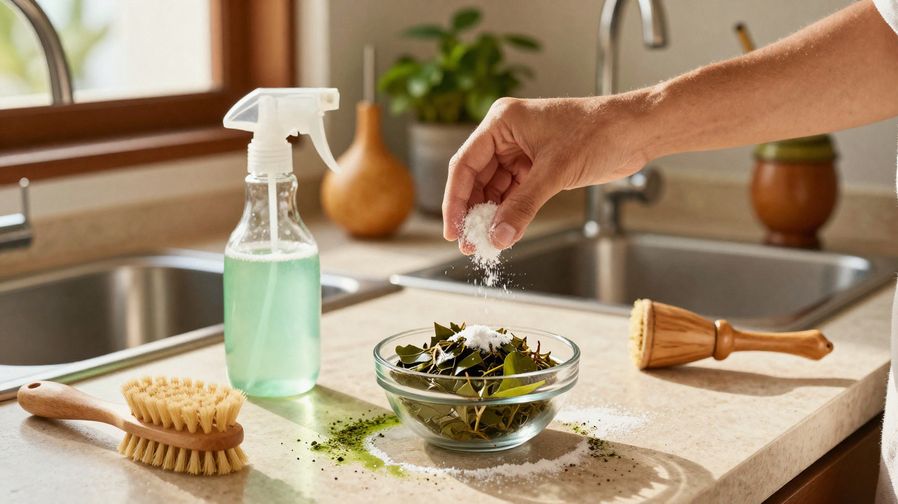 Hand sprinkling salt over a bowl of leafy herbs on a kitchen counter with cleaning spray and brushes nearby.