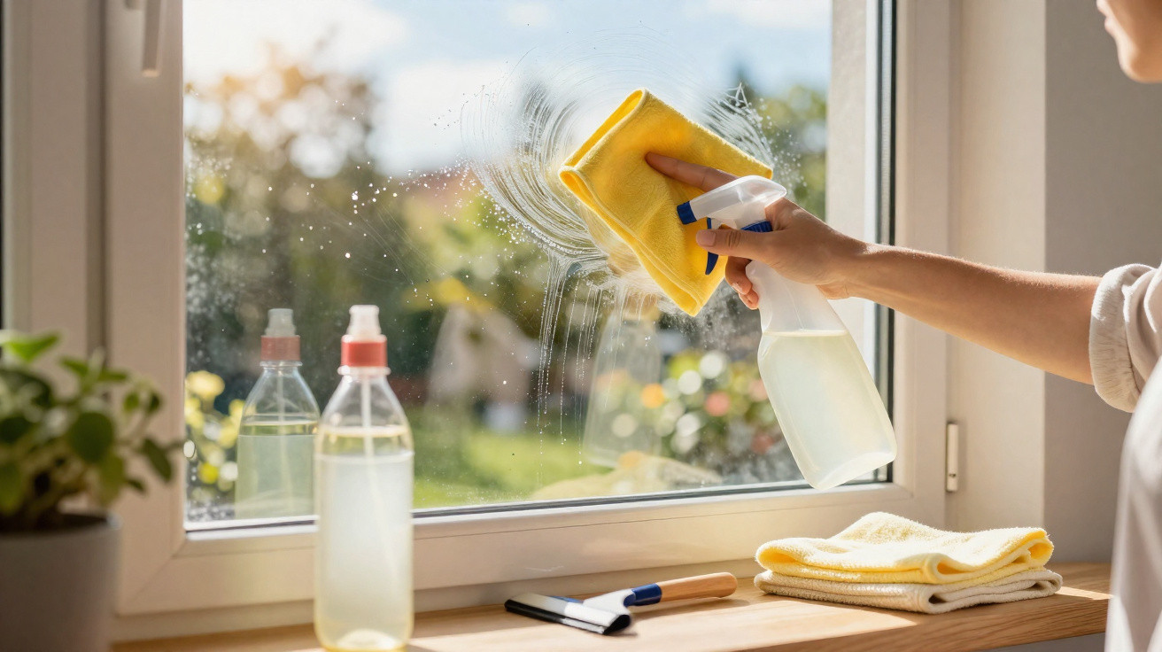 Person cleaning a window with a spray bottle and yellow cloth on a sunny day indoors.