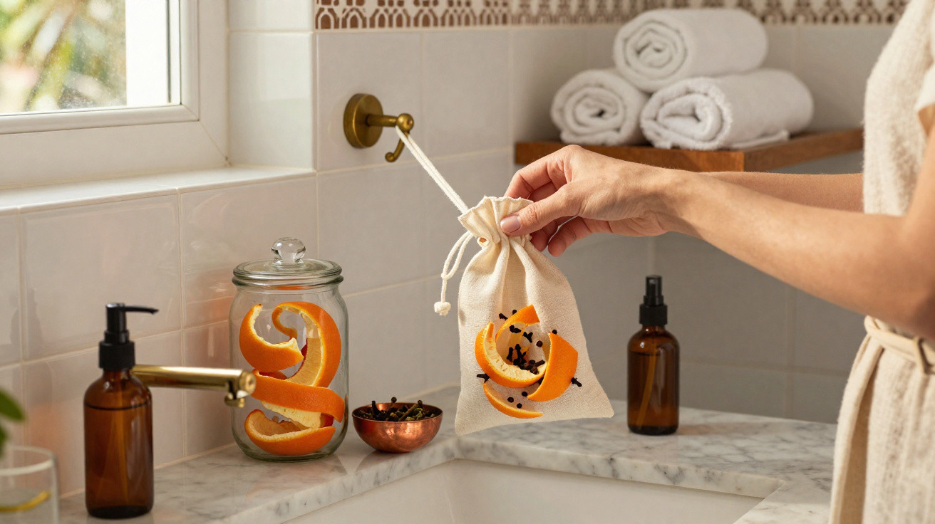 Person hanging homemade orange peel and clove scented sachet in white bathroom with towels and bottles on marble counter