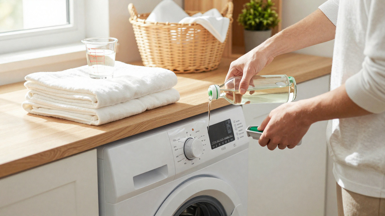 Person pouring liquid detergent into a washing machine drawer in a bright laundry room.