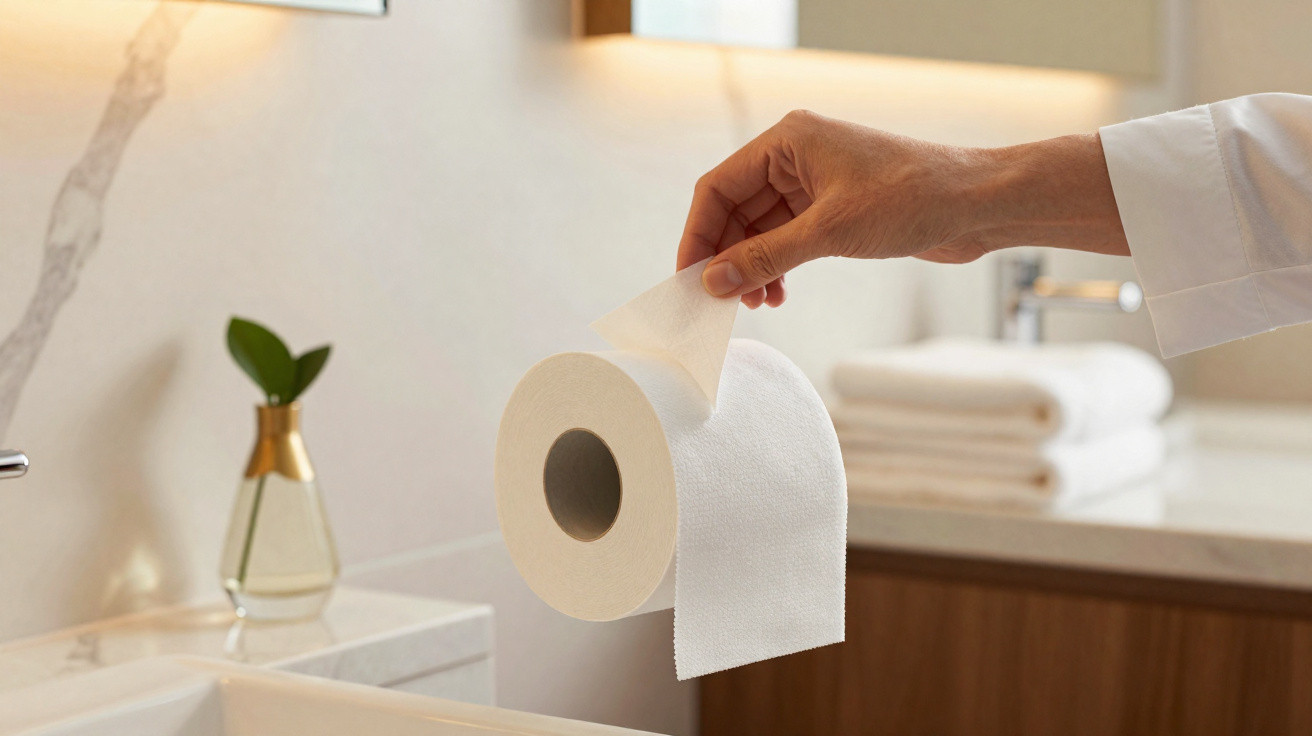 Hand pulling a sheet from a roll of toilet paper in a modern bathroom setting.