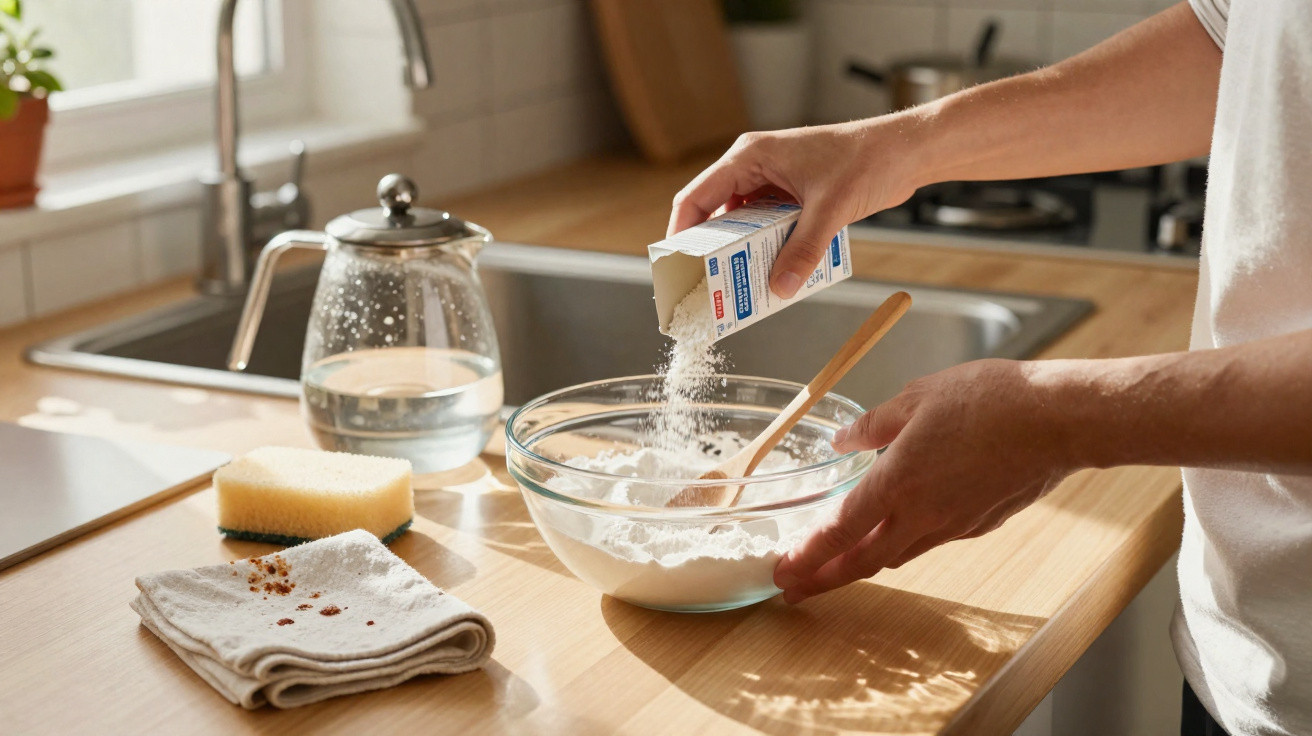 Person pouring baking powder into a glass bowl with flour on a wooden kitchen countertop.