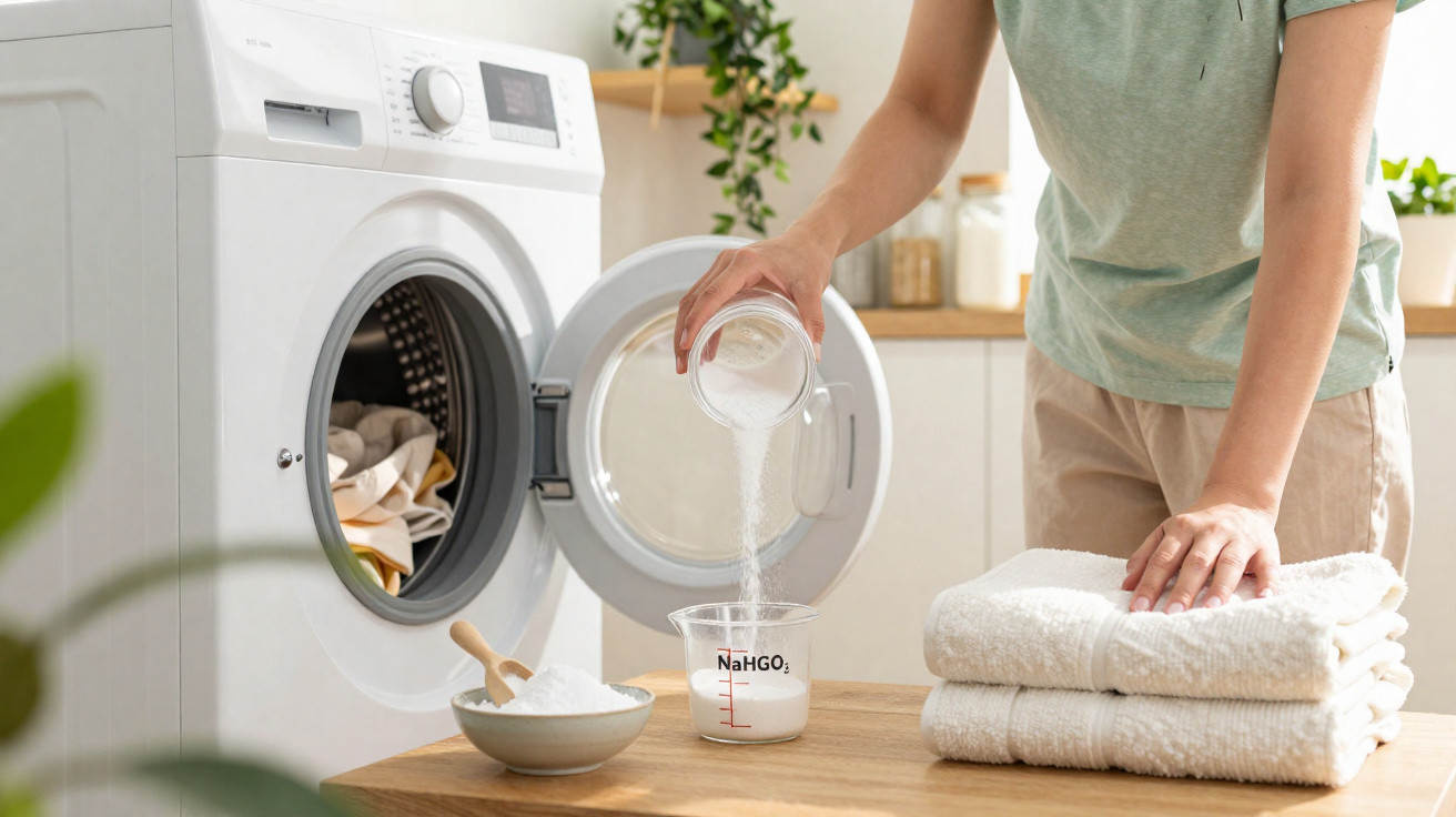 Person pouring washing powder into a measuring cup next to a front-loading washing machine and folded towels.