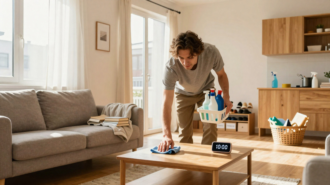 Young man cleaning a wooden coffee table in a sunlit living room with cleaning supplies in a basket.