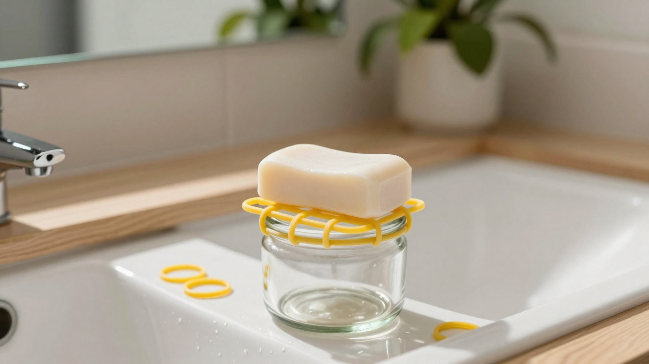 Bar of soap on a yellow soap holder placed on a glass jar in a bathroom sink with a plant in the background.