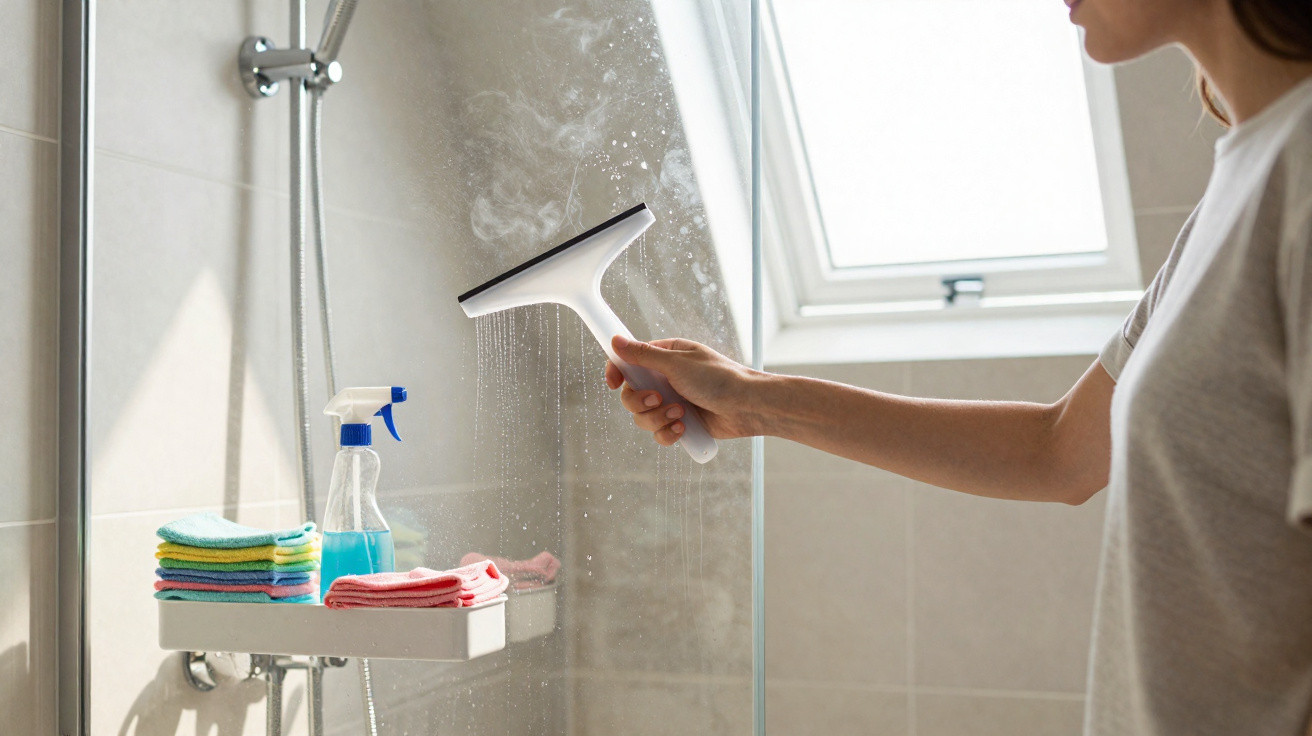 Person using a squeegee to clean a steamy glass shower door with cleaning supplies on shelf nearby.