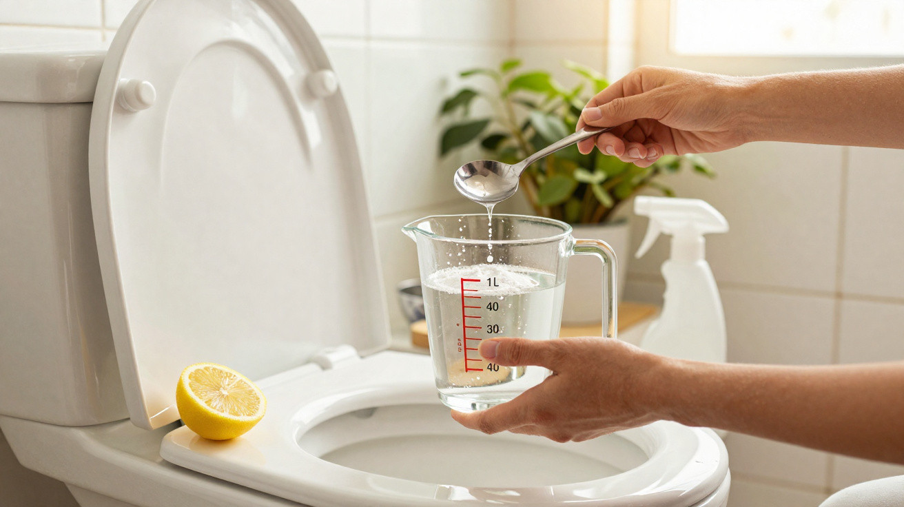 Person pouring liquid from a spoon into a measuring jug over an open toilet with lemon on the seat rim.