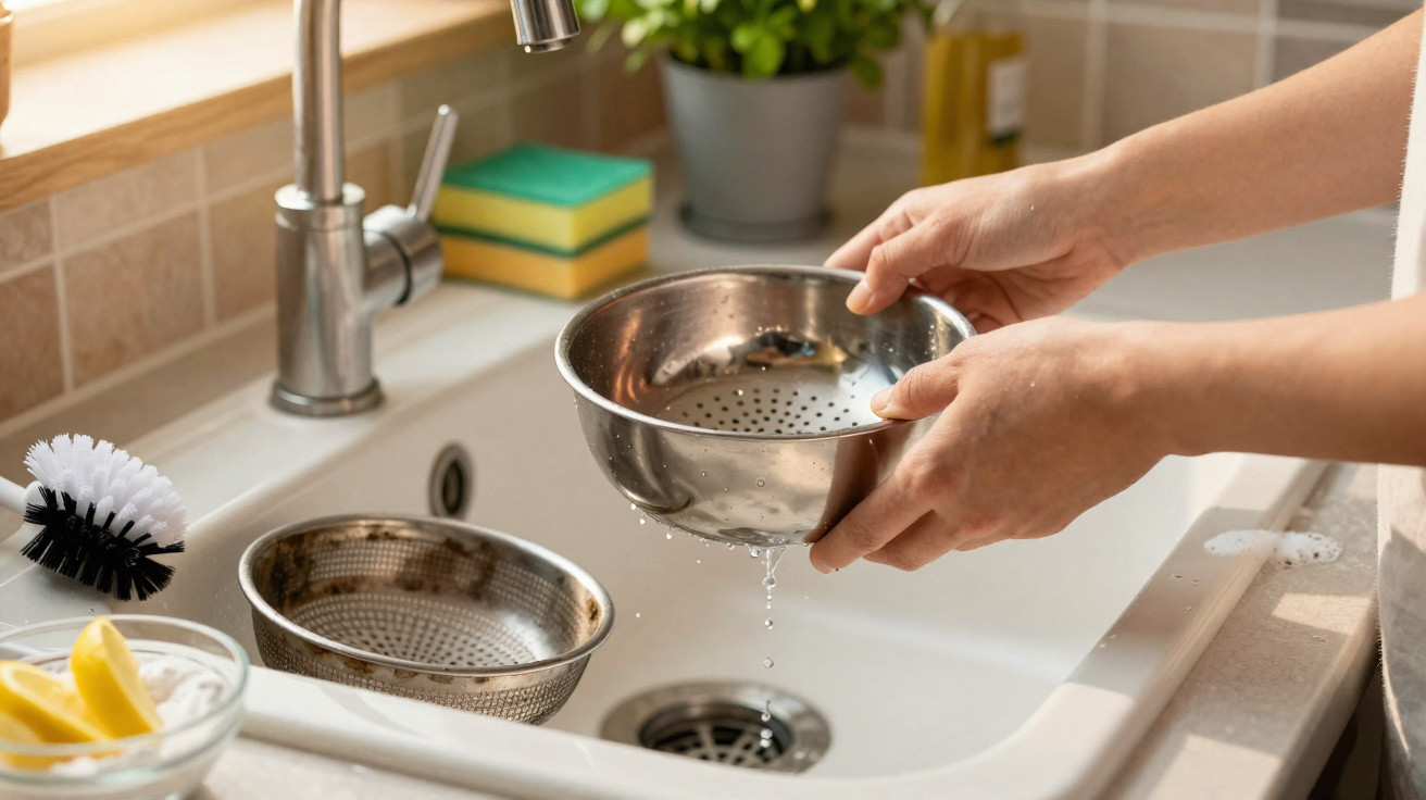 Person rinsing a metal colander over a kitchen sink with water dripping into the sink below.